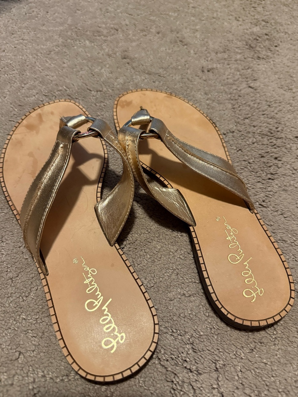 Lilly Pulitzer Metallic Gold Leather Ring Thong Sandals Size 6M